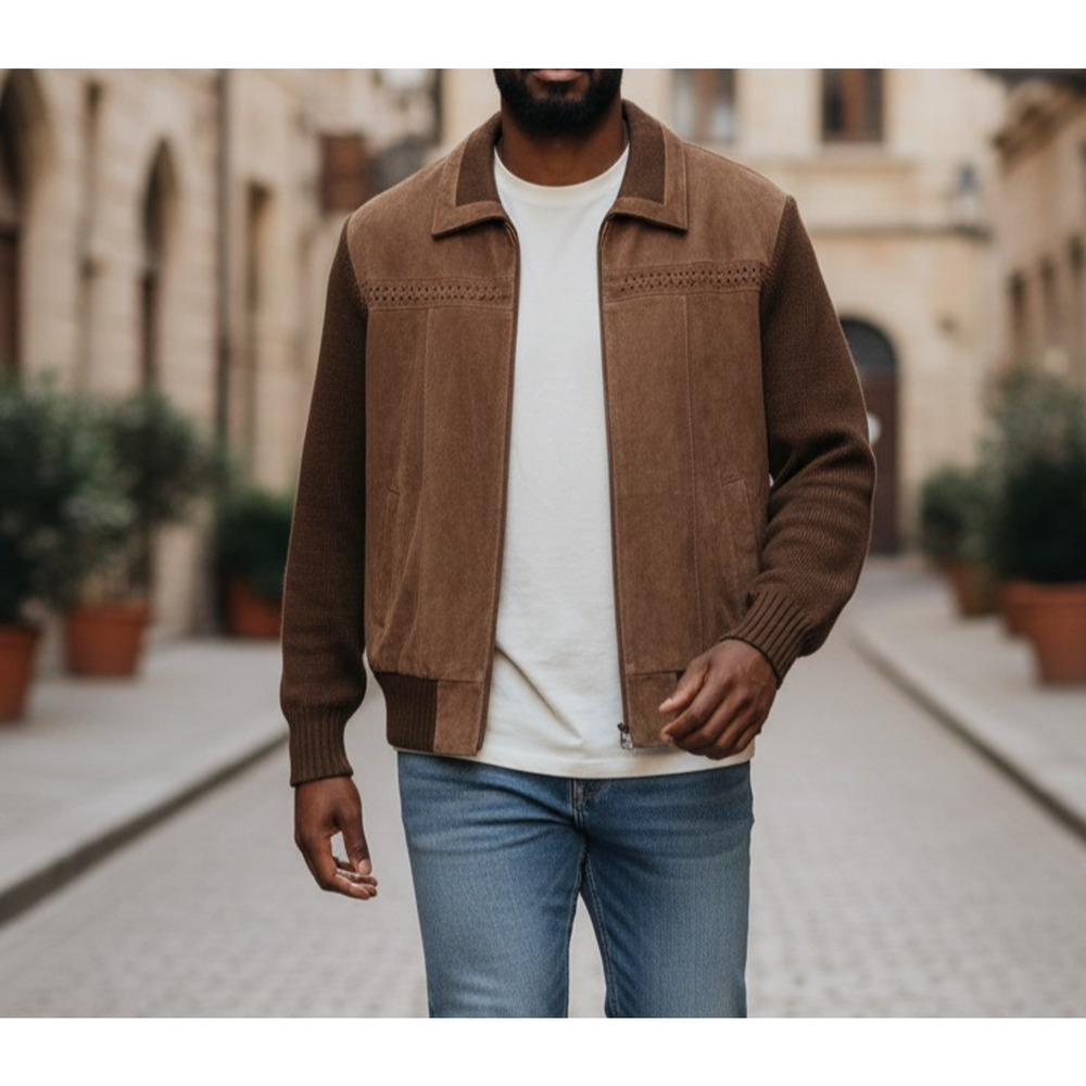 Chartwell Suede Leather Jacket With Knit Sleeves Brown Men's Size Large